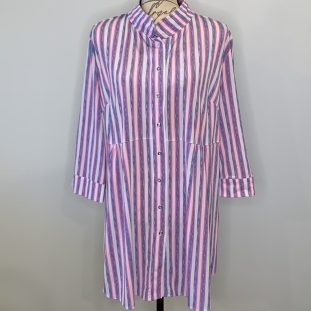 Nygard stretch striped button front tunic top roll tab sleeves size large